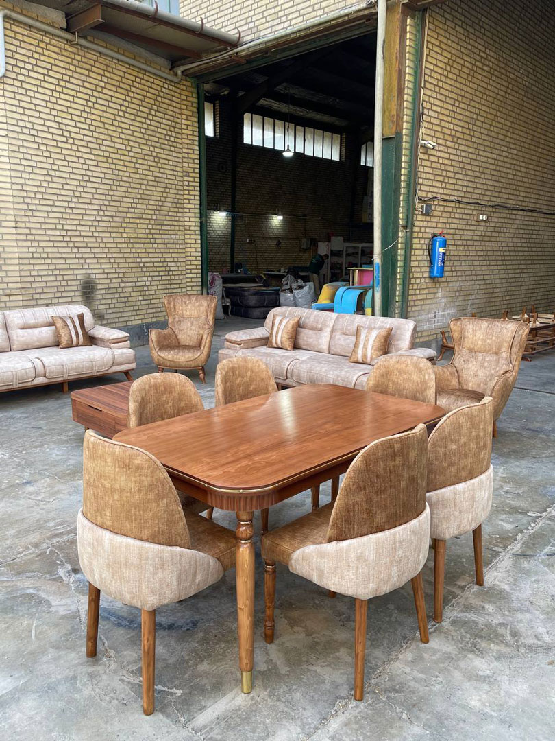 جهازیه عروس کامل | مبل لستر، جلو مبلی علی دورنا و میز ناهارخوری پالارما