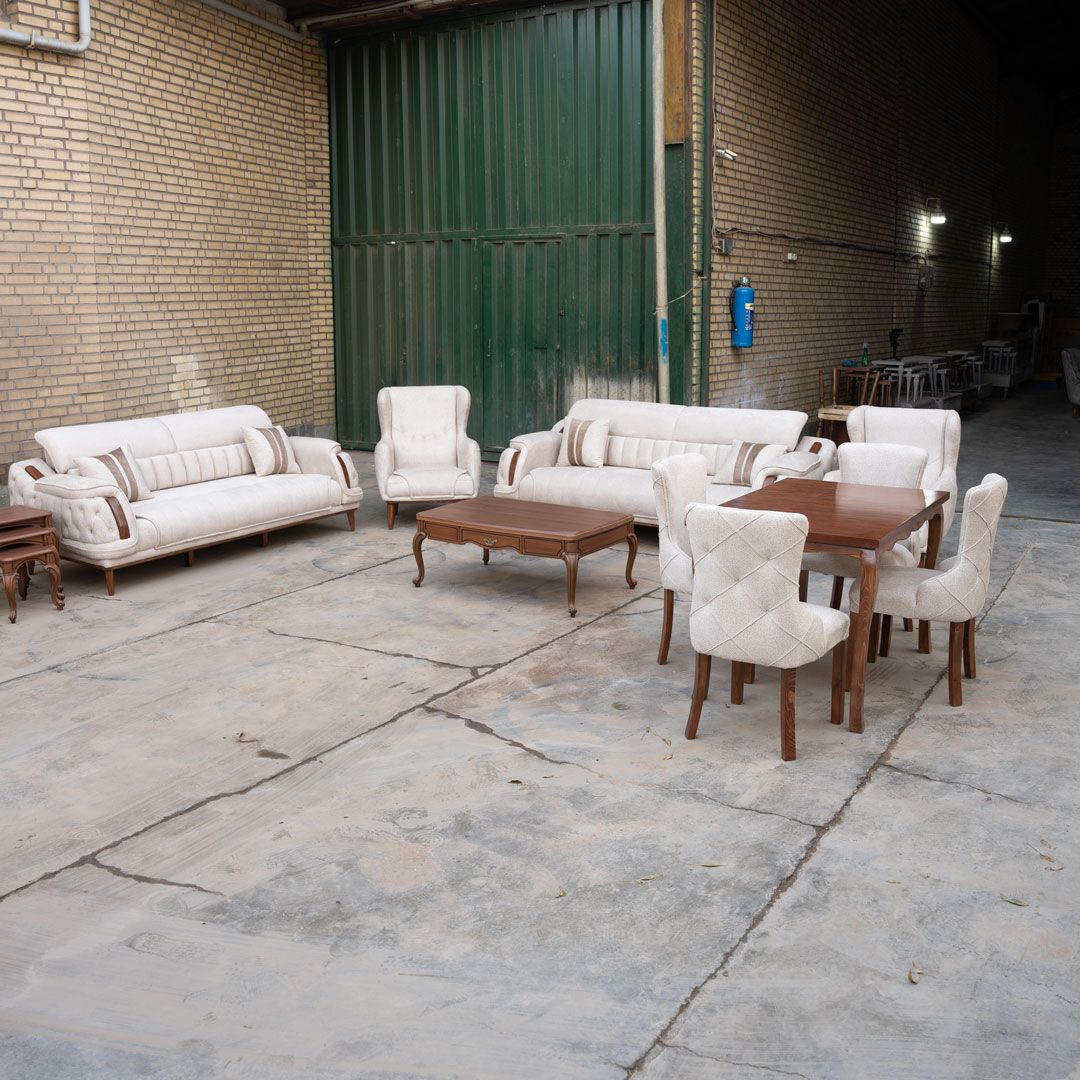 سرویس جهیزیه کامل عروس و سرویس چوب | مبل لوتوس، ناهارخوری چستر و سرویس خواب پینار