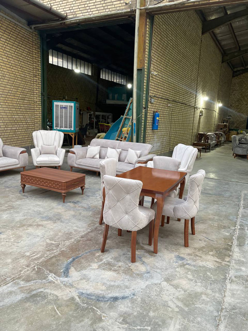 سرویس چوب اقتصادی کامل منزل (مبل هفت نفره سوفا + ناهارخوری چهار نفره + جلو مبلی عسلی)