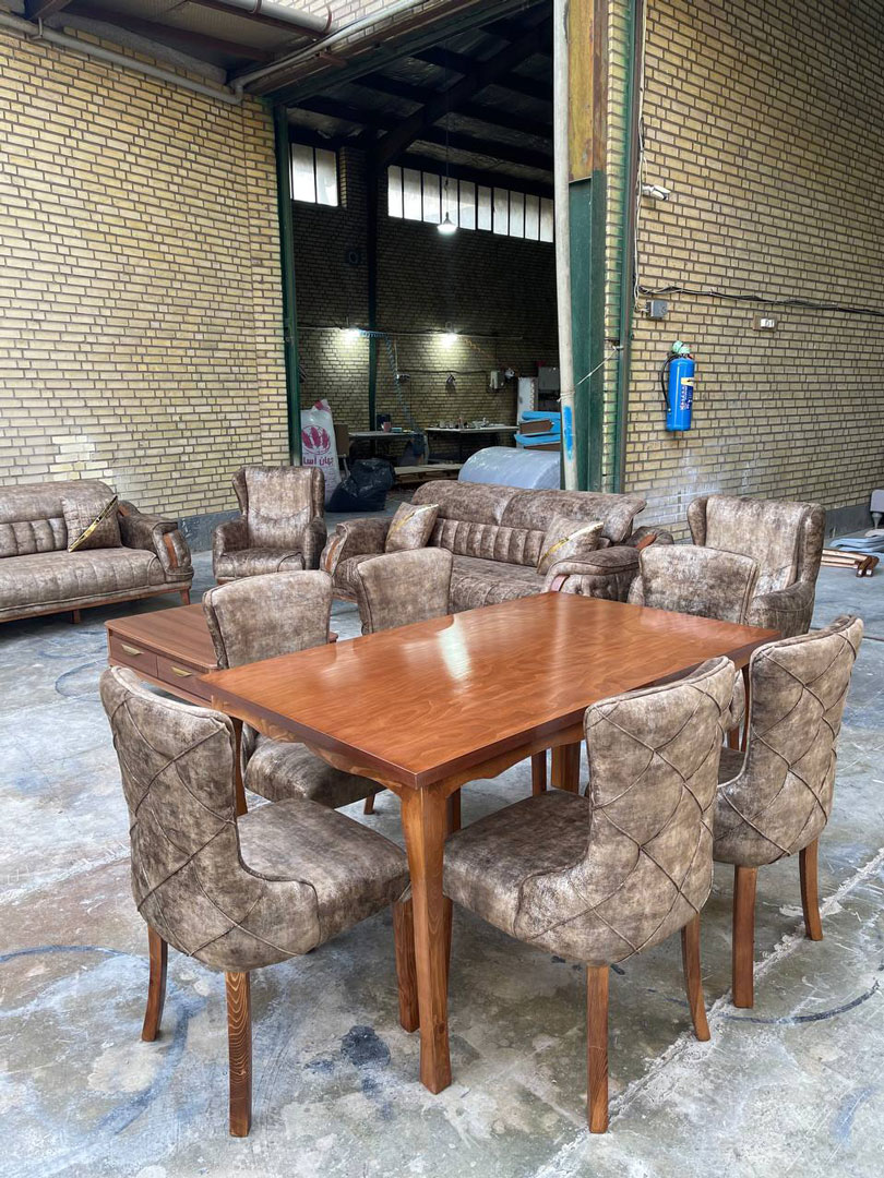 خرید جهیزیه عروس لارسن | سرویس چوب کامل با مبل ۸ نفره، تخت‌خواب شو و میز ناهارخوری