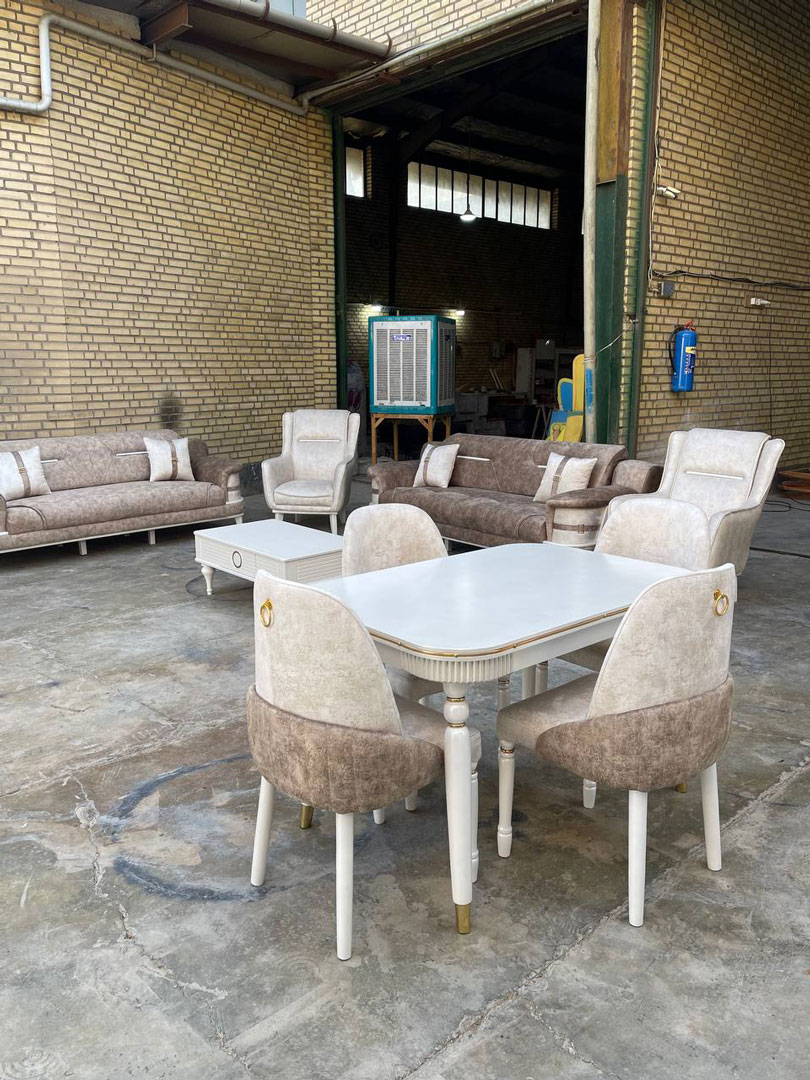 سرویس جهیزیه عروس کامل | مبل راحتی ۸ نفره لوتوس + جلو مبلی ۸ نفره + ناهارخوری ۴ نفره پالارما