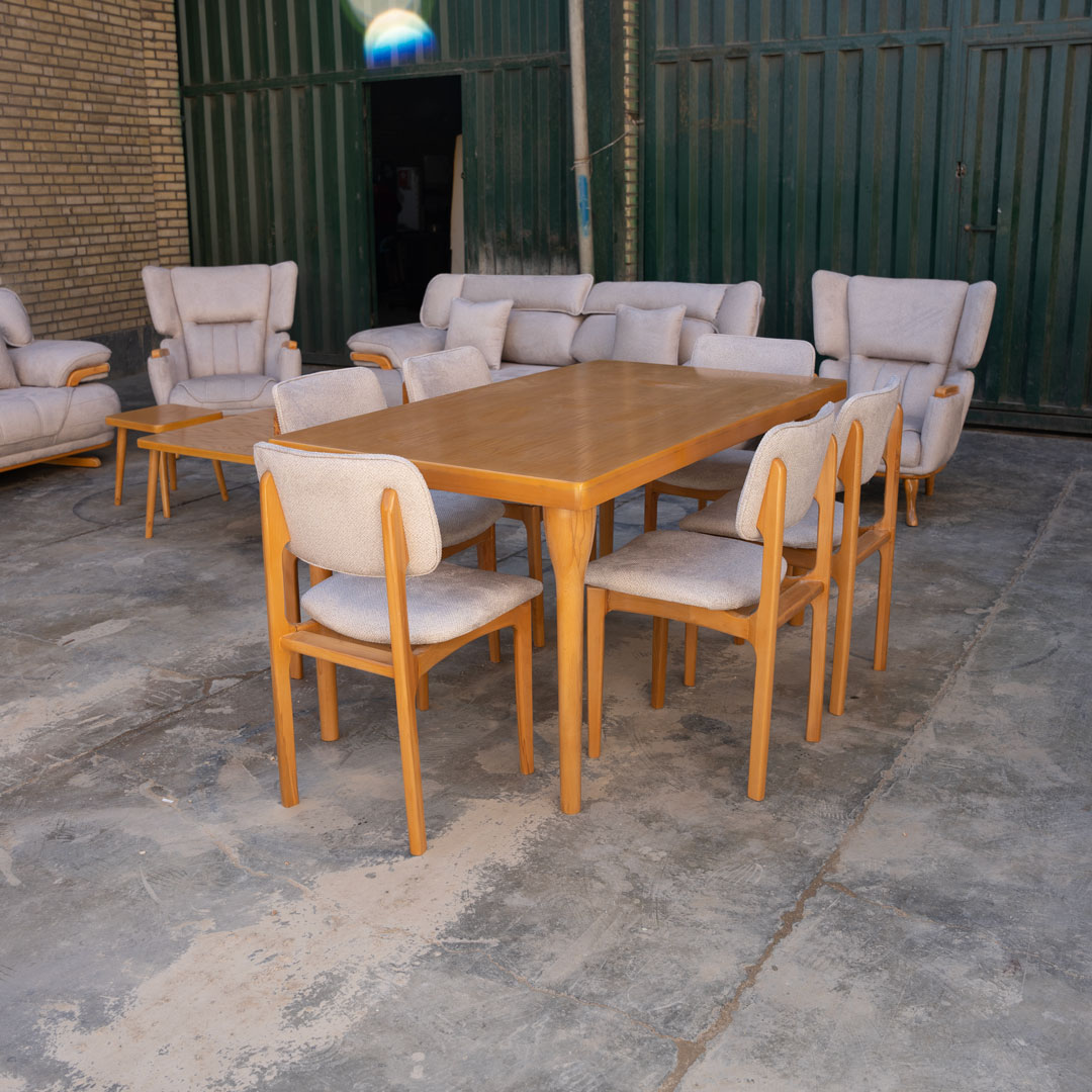 خرید جهیزیه عروس کامل | سرویس چوب عروس، مبل راحتی کینگ و ناهارخوری ۶ نفره + میز جلو مبلی